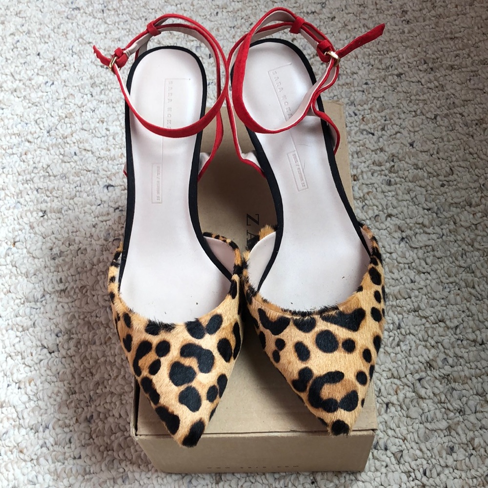 ZARA LEOPARD RED ANKLE STRAP KITTEN HEELS